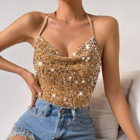 Gold Party Womens Draped Collar Backless Sequin Halter Top - Picture 2 of 5